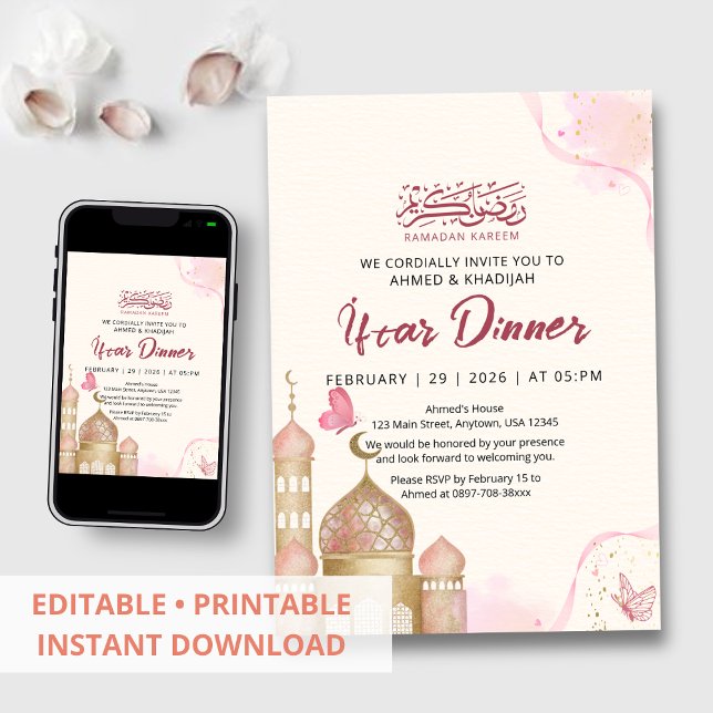 Convite Elegant Pink and Gold Ramadan Iftar Dinner (Criador carregado)