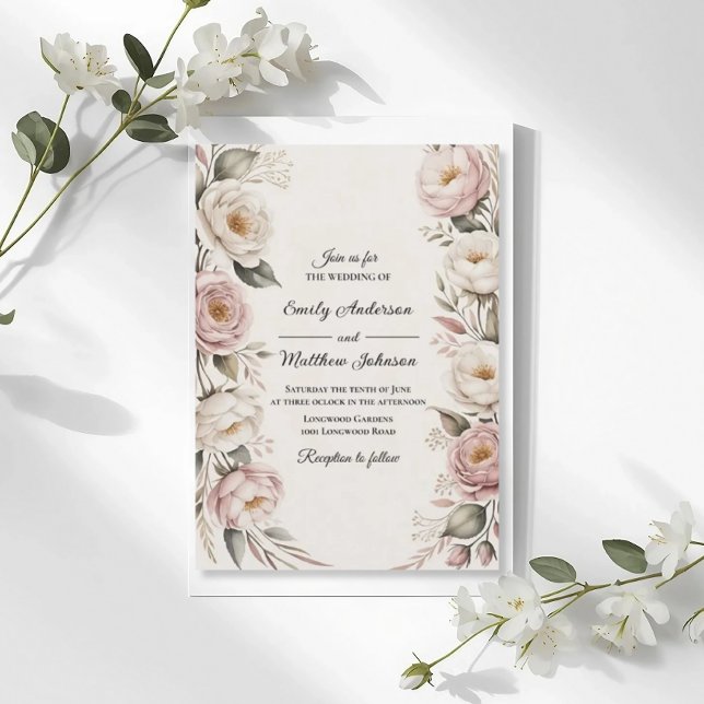 Convite Elegant Pink and Ivory Floral Wedding Invitation (Criador carregado)