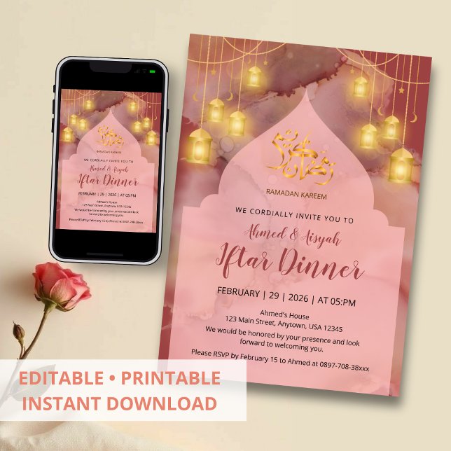 Convite Elegant Pink and Maroon gold Ink Iftar (Criador carregado)