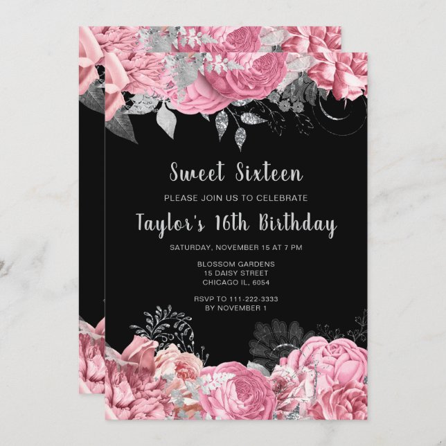 Convite Elegant Pink and Silver Flowers Sweet Sixteen (Frente/Verso)