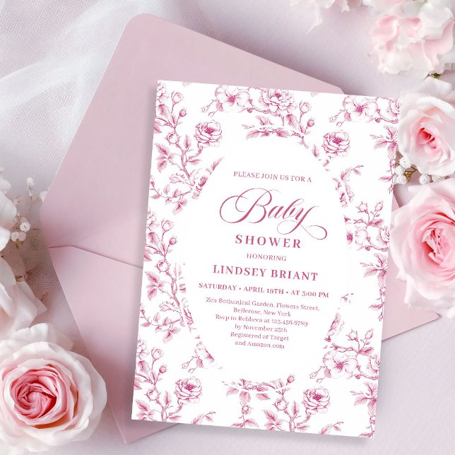 Convite Elegant Pink and White Rose Pattern Baby Shower   (Elegant Pink and White Rose Pattern Baby Shower Invite)
