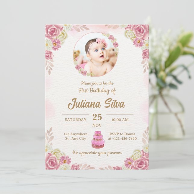 Convite Elegant Pink Baby Girl First Birthday Custom Photo (Em pé/Frente)