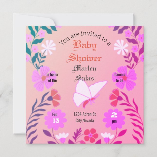 Convite Elegant pink baby shower, butterflies and flowers  (Frente)