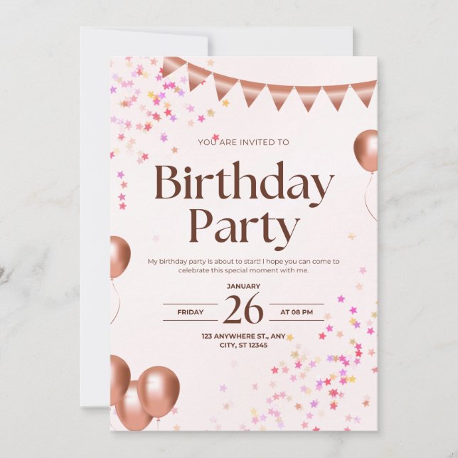 Convite Elegant Pink Birthday Party Invitation Card (Frente)