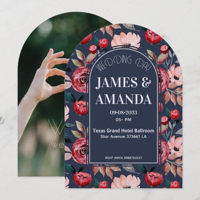 Convite Elegant Pink & Blue Floral theme (Frente/Verso)