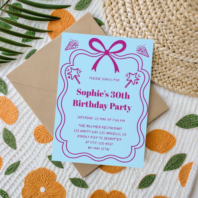 Convite Elegant Pink & Blue Ribbon Frame Birthday Party (Criador carregado)