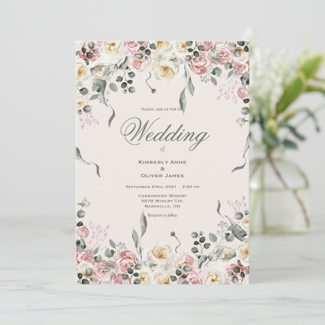 Convite Elegant Pink Blush Ivory Floral Wedding (Em pé/Frente)