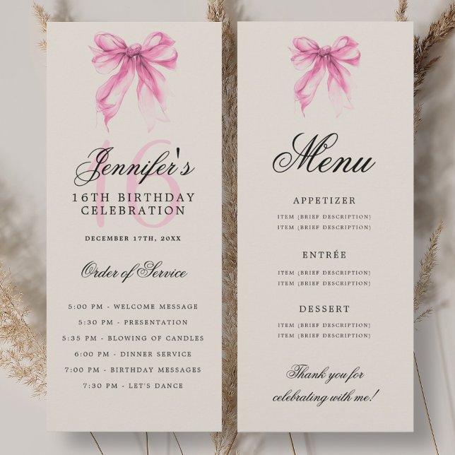 Convite Elegant Pink Bow 16th Birthday Party Program Menu (Elegant Pink Bow 16th Birthday Party Program Menu)