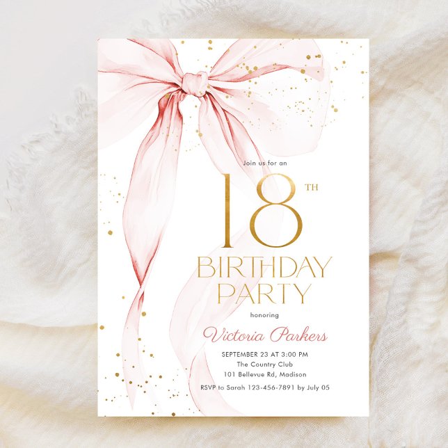 Convite Elegant Pink Bow 18th Birthday Invitation (Criador carregado)