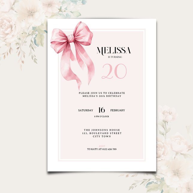 Convite Elegant Pink Bow 20th Birthday Invitation (Criador carregado)