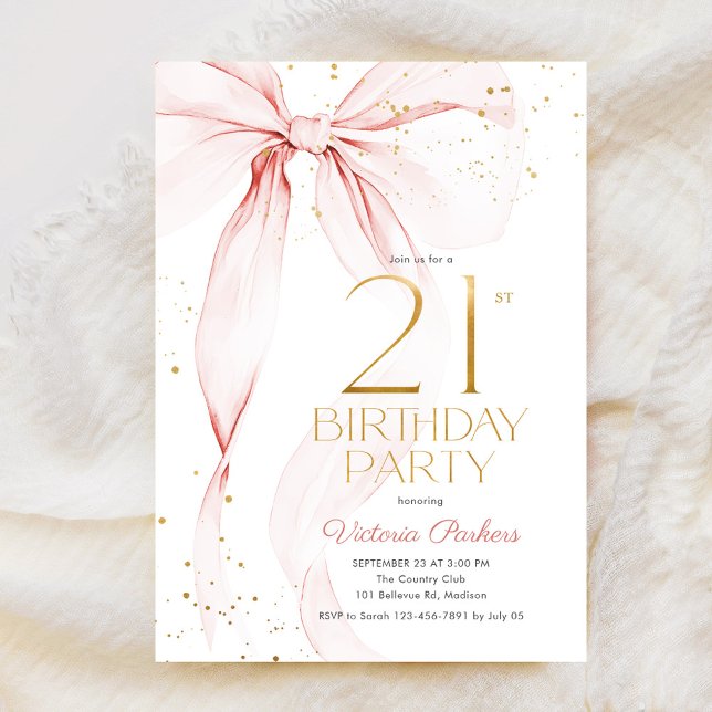 Convite Elegant Pink Bow 21st Birthday Invitation (Criador carregado)