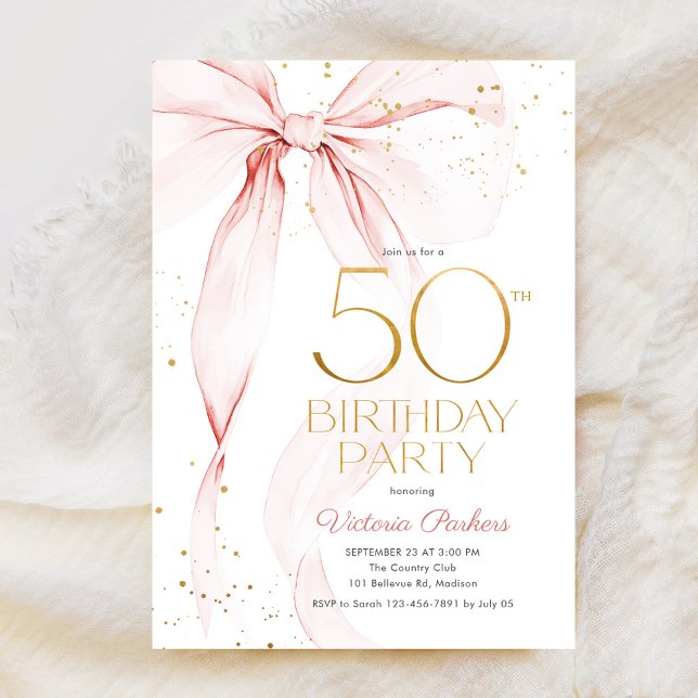 Convite Elegant Pink Bow 50th Birthday Invitation (Criador carregado)