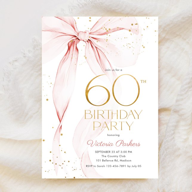 Convite Elegant Pink Bow 60th Birthday Invitation (Criador carregado)