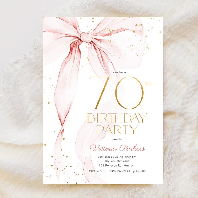 Convite Elegant Pink Bow 70th Birthday Invitation (Criador carregado)