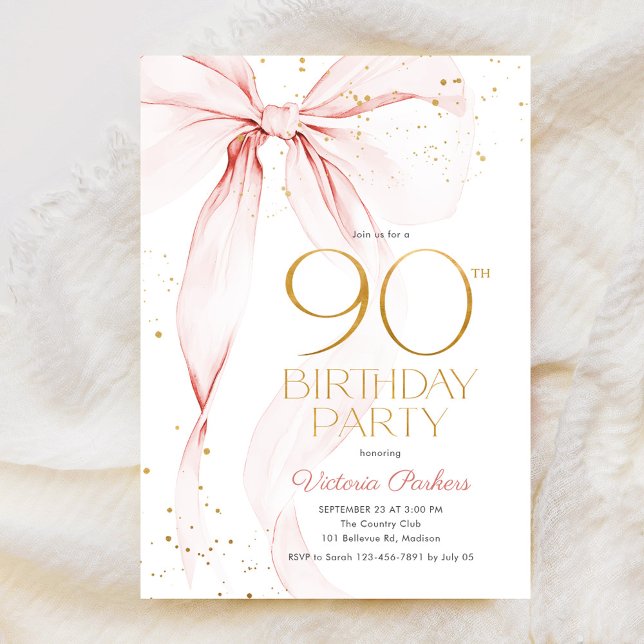 Convite Elegant Pink Bow 90th Birthday Invitation (Criador carregado)