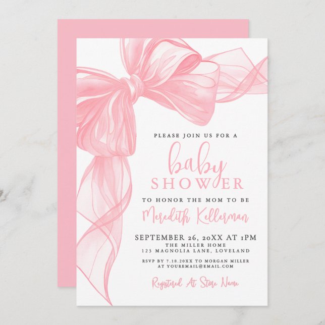 Convite Elegant Pink Bow Baby Shower (Frente/Verso)
