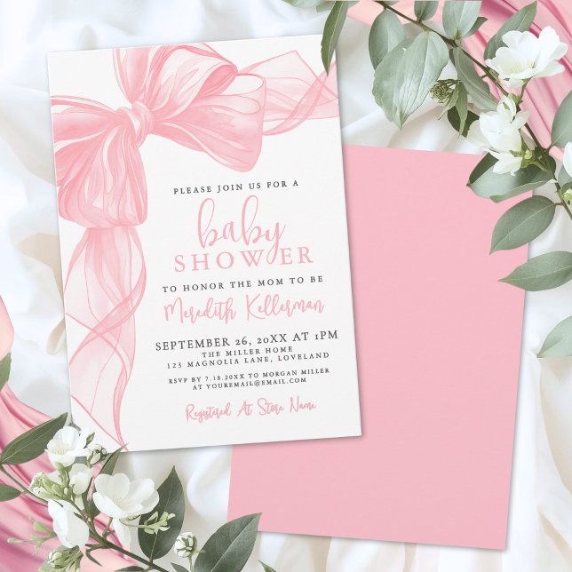 Convite Elegant Pink Bow Baby Shower (Elegant Pink Bow Baby Shower Invitation)