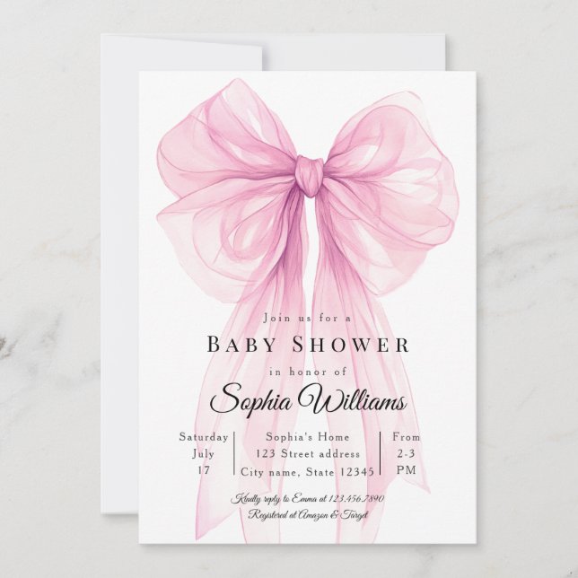 Convite Elegant Pink Bow Baby Shower Invitation (Frente)