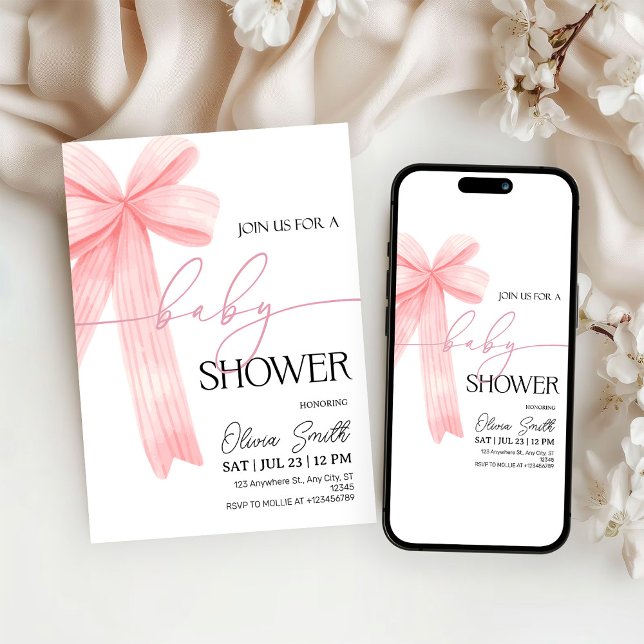 Convite Elegant Pink Bow Baby Shower Invitation (Criador carregado)