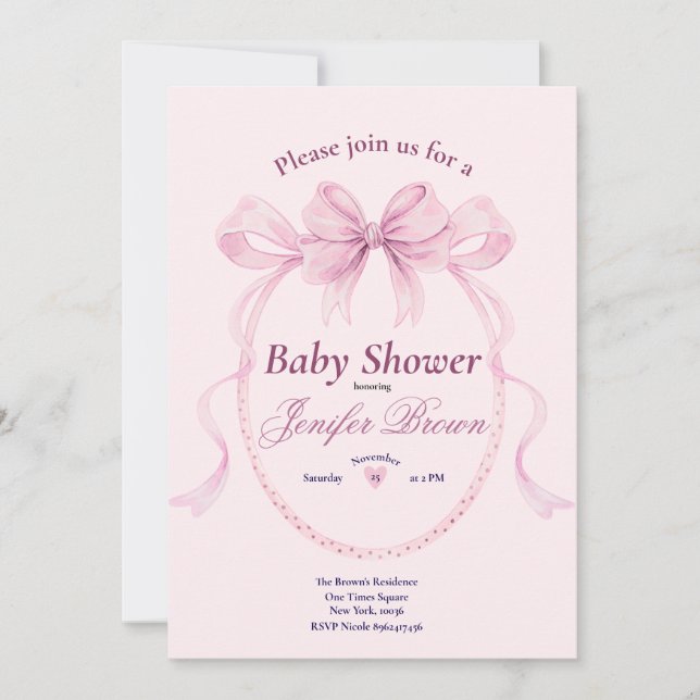 Convite Elegant Pink Bow Baby Shower Invitation for Girl (Frente)