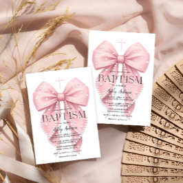 Convite Elegant Pink Bow Baptism Girl Invitation