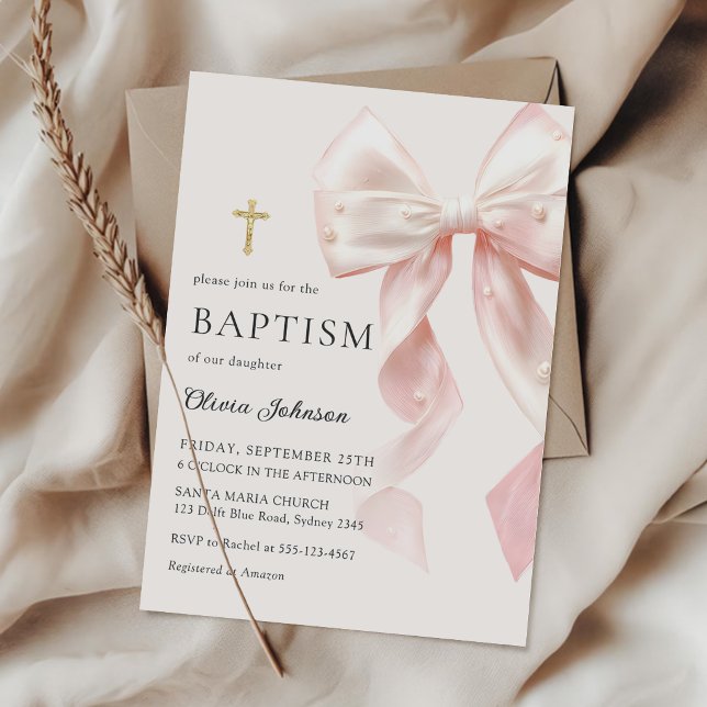 Convite Elegant Pink Bow Baptism Girl Invitation (Criador carregado)