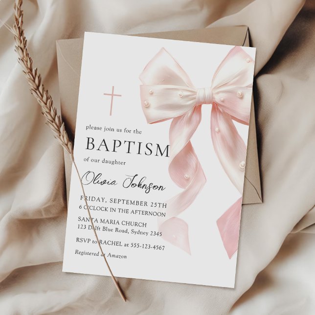 Convite Elegant Pink Bow Baptism Girl Invitation (Criador carregado)