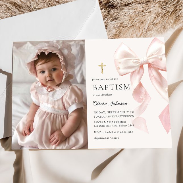 Convite Elegant Pink Bow Baptism Girl Photo Invitation (Criador carregado)