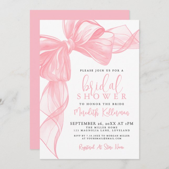 Convite Elegant Pink Bow Bridal Shower (Frente/Verso)