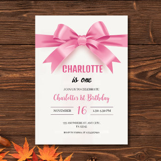 Convite Elegant Pink Bow "Charlotte is One" First Birthday