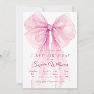 Convite Elegant Pink Bow First Birthday Invitation
