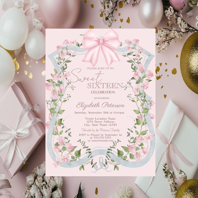 Convite Elegant Pink Bow Floral Frame Sweet 16   (Criador carregado)