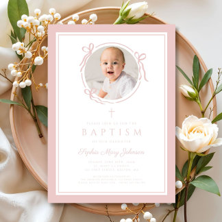 Convite Elegant Pink Bow Girl Photo Baptism