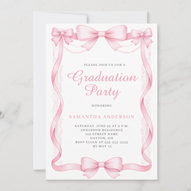 Convite Elegant Pink Bow Graduation Party (Frente)