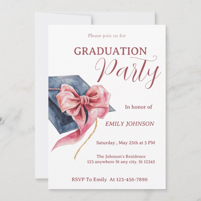 Convite Elegant Pink Bow Graduation Party Invitation  (Verso)