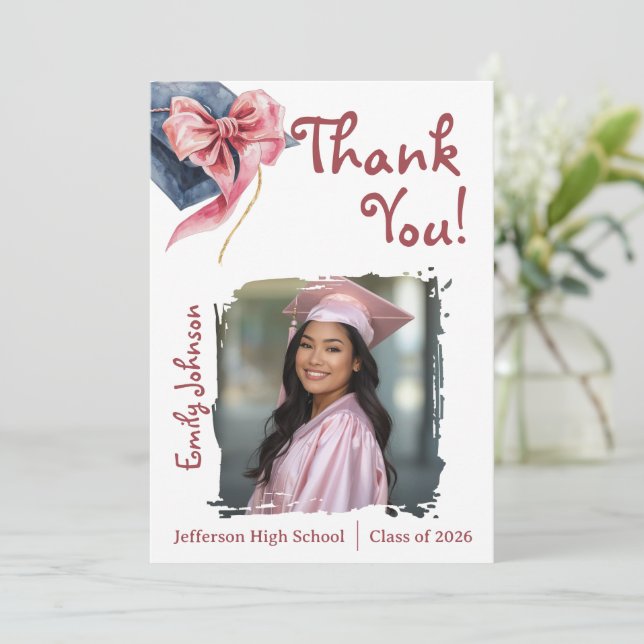 Convite Elegant Pink Bow Graduation Thank You Card  (Em pé/Frente)