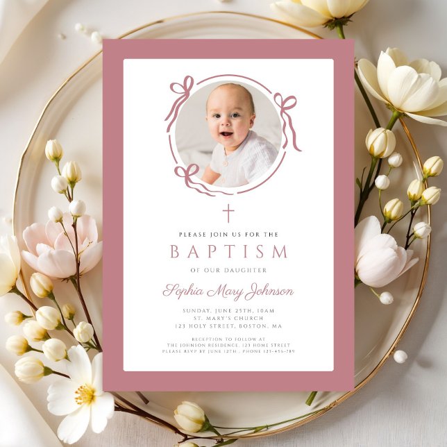 Convite Elegant Pink Bow Photo Baptism (Elegant Pink Bow Photo Baptism Invitation)