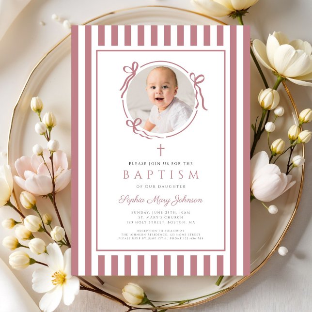 Convite Elegant Pink Bow Photo Girl Baptism (Elegant Pink Bow Photo Giel Baptism Invitation)