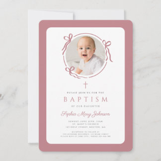 Convite Elegant Pink Bow Photo Girl Baptism