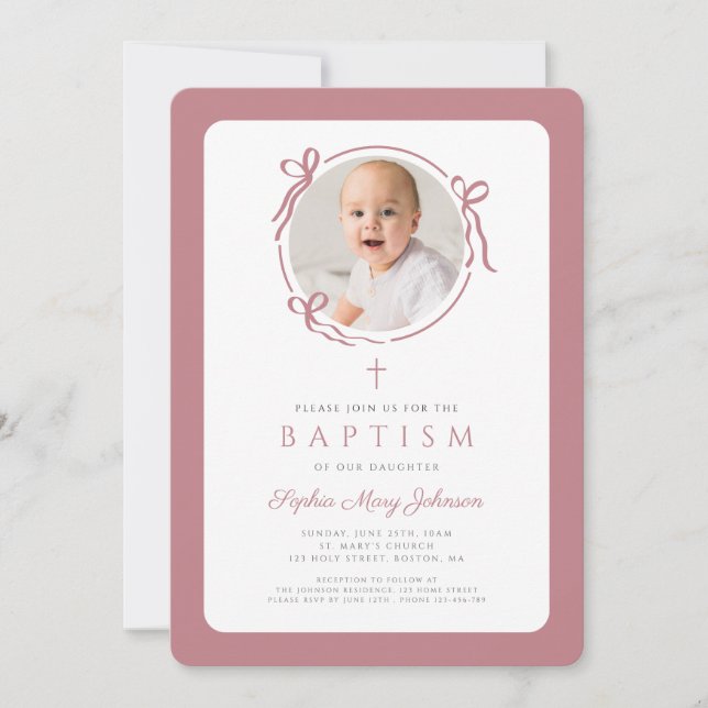 Convite Elegant Pink Bow Photo Girl Baptism (Frente)