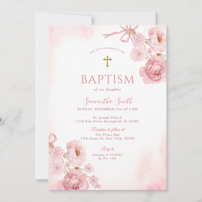 Convite Elegant Pink Bow Rose Floral Cross Girl Baptism (Frente)