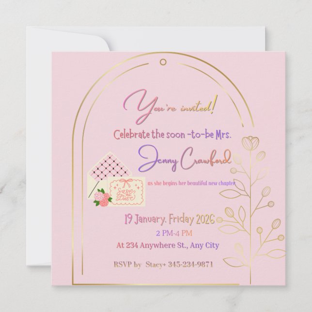 Convite Elegant Pink Bridal Shower Invitation | Modern Gol (Frente)