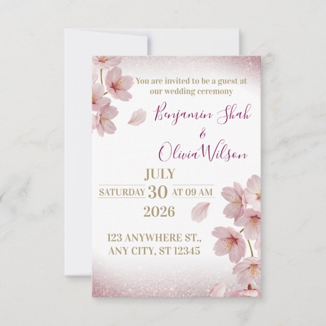 Convite Elegant Pink Cherry Blossom Glitter Wedding (Frente)