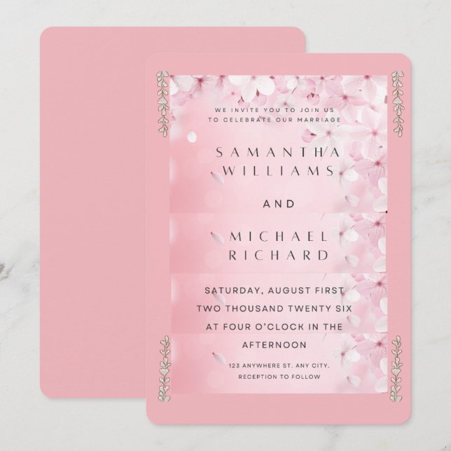Convite Elegant Pink Cherry Blossom Wedding Invitation - C (Frente/Verso)