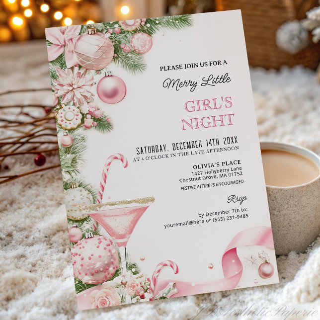 Convite Elegant Pink Christmas Girls Night Invitation  (Criador carregado)
