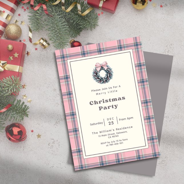 Convite Elegant Pink Coquette Wreath Plaid Christmas Party (Elegant Pink Coquette Wreath Plaid Christmas Party Invitation)
