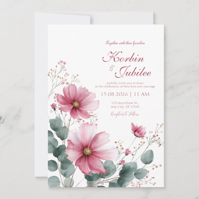 Convite Elegant Pink Cosmos Eucalyptus Watercolor (Frente)