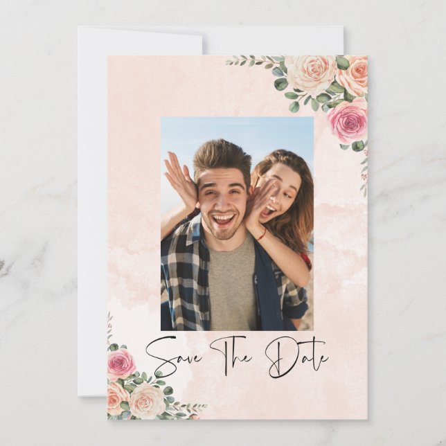 Convite Elegant Pink Cream Floral Wedding Save the Date  (Frente)