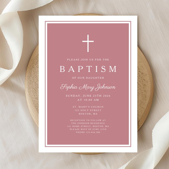 Convite Elegant Pink Cross Baby Girl Baptism (Elegant Pink Cross Baby Girl Baptism Invitation)
