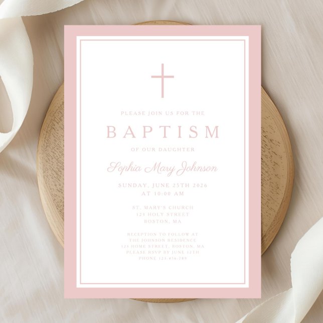 Convite Elegant Pink Cross Baby Girl Baptism (Elegant Pink Cross Baby Girl Baptism Invitation)